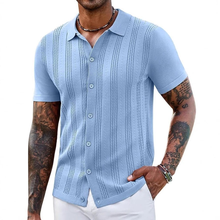Fashionable striped knitted sweater for men in light blue color with button-up design and short sleeves.