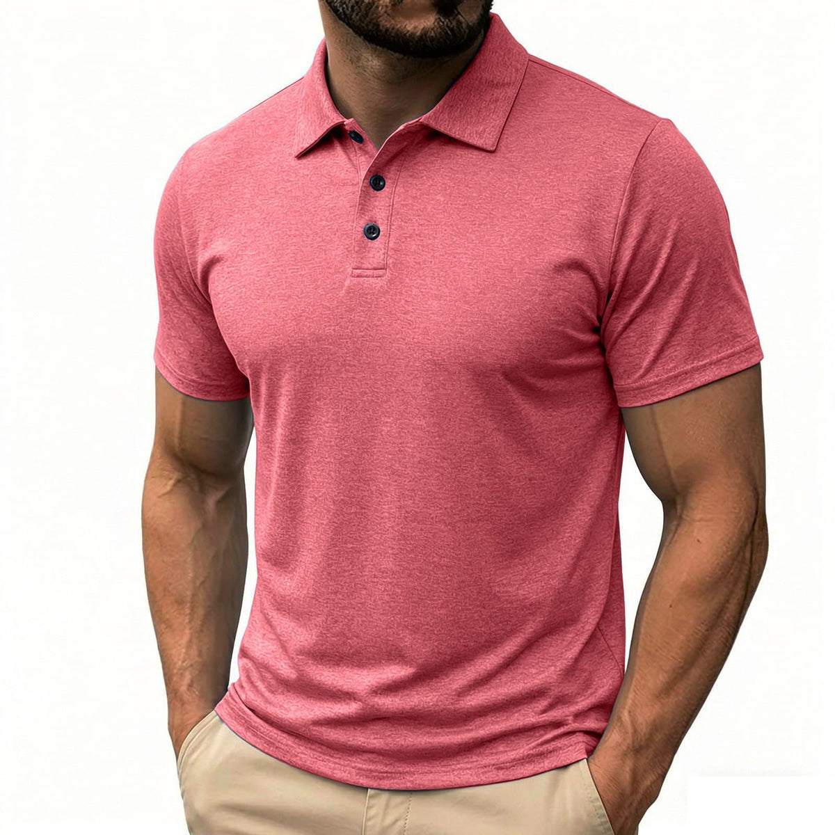 Mens casual button-down shirt in solid red color with short sleeves and a relaxed fit.