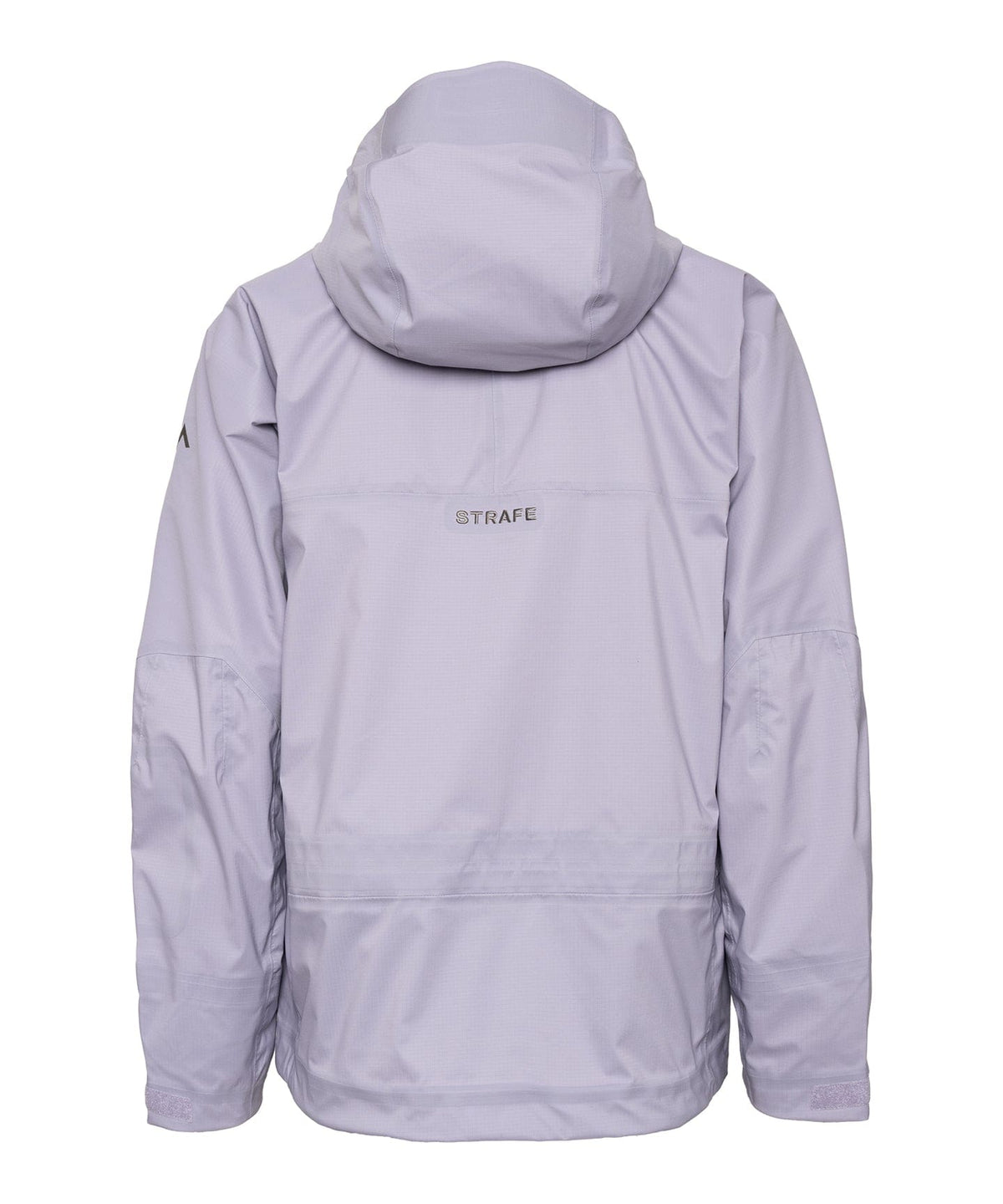 Back view of a light purple durable outdoor jacket with a hood and logo for outdoor activities.