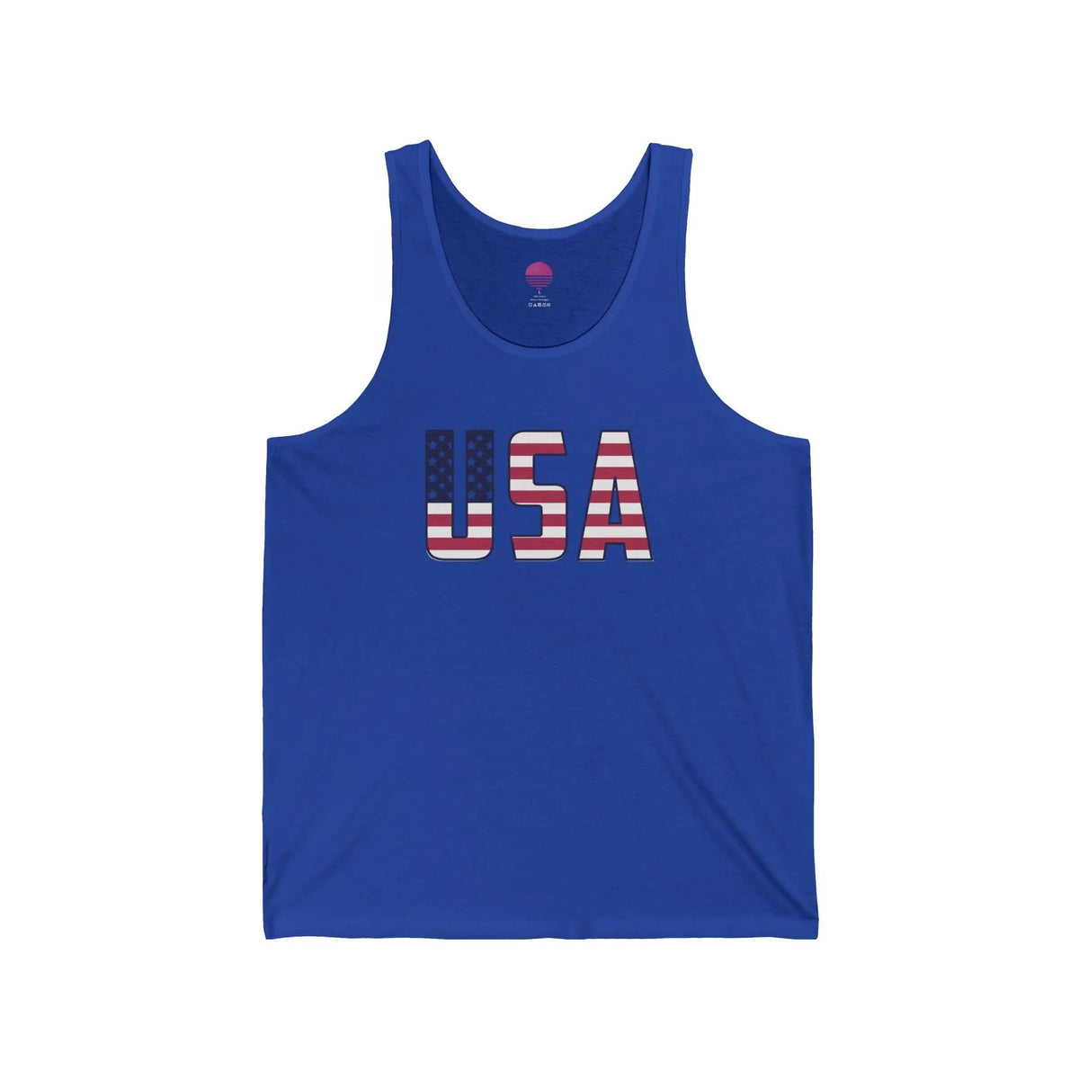 USA flag tank top in True Royal blue, unisex patriotic sleeveless shirt