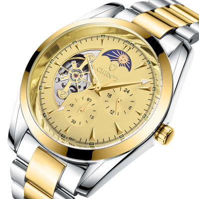 Men's automatic moon phase watch with gold dial and two-tone steel bracelet
