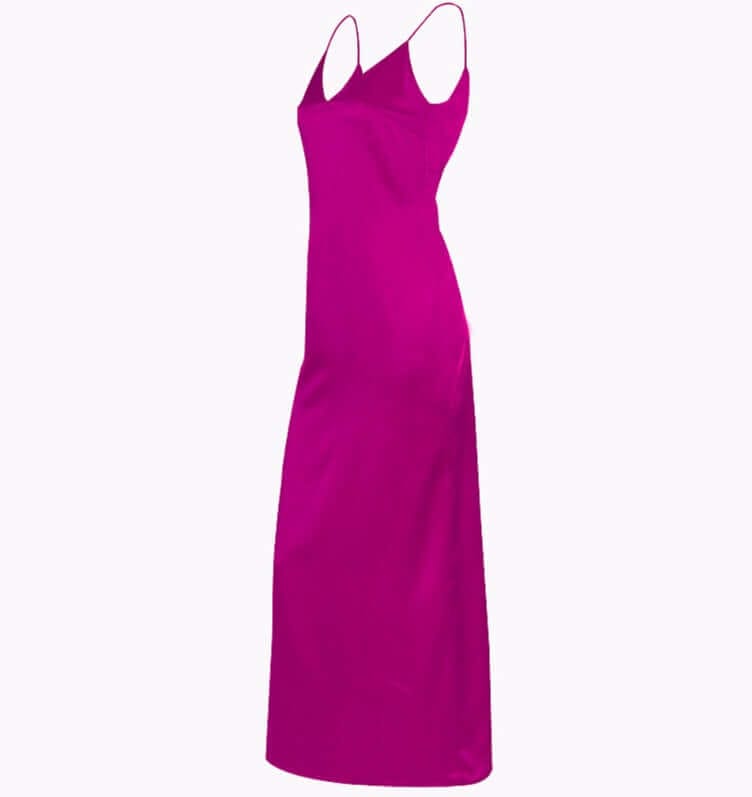 V-neck harness dress in bright purple satin with a mid-length A skirt and high waist design.