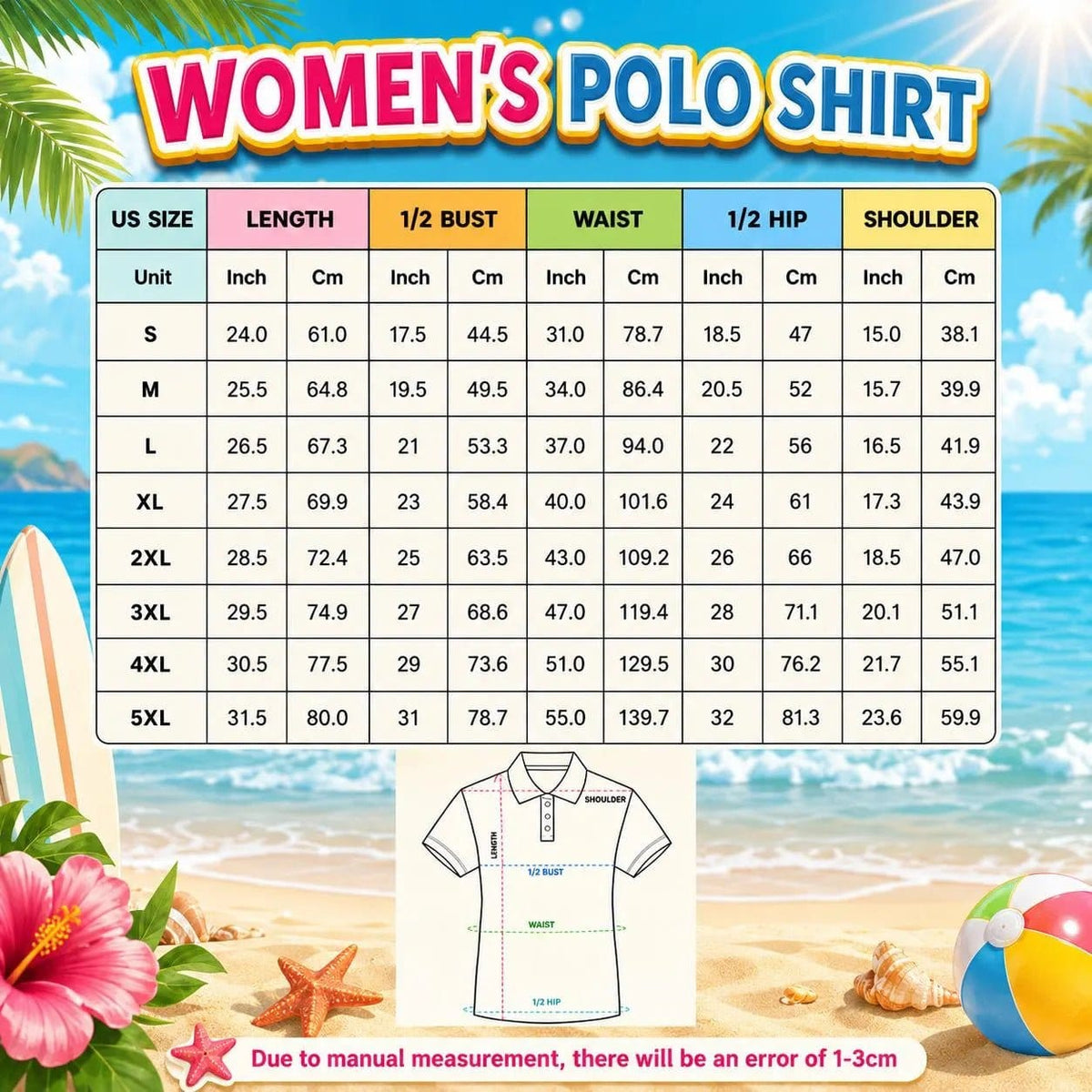 Size chart for women's polo shirt with dimensions for various sizes on a beach background.