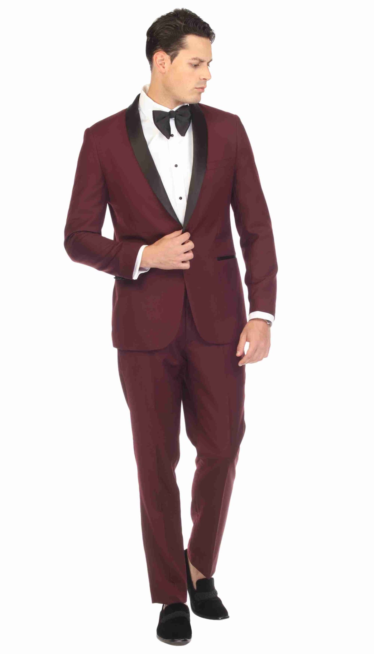 Men's Burgundy Shawl Lapel Tuxedo – Slim Fit 2 Piece Suit | Ferrecci Reno