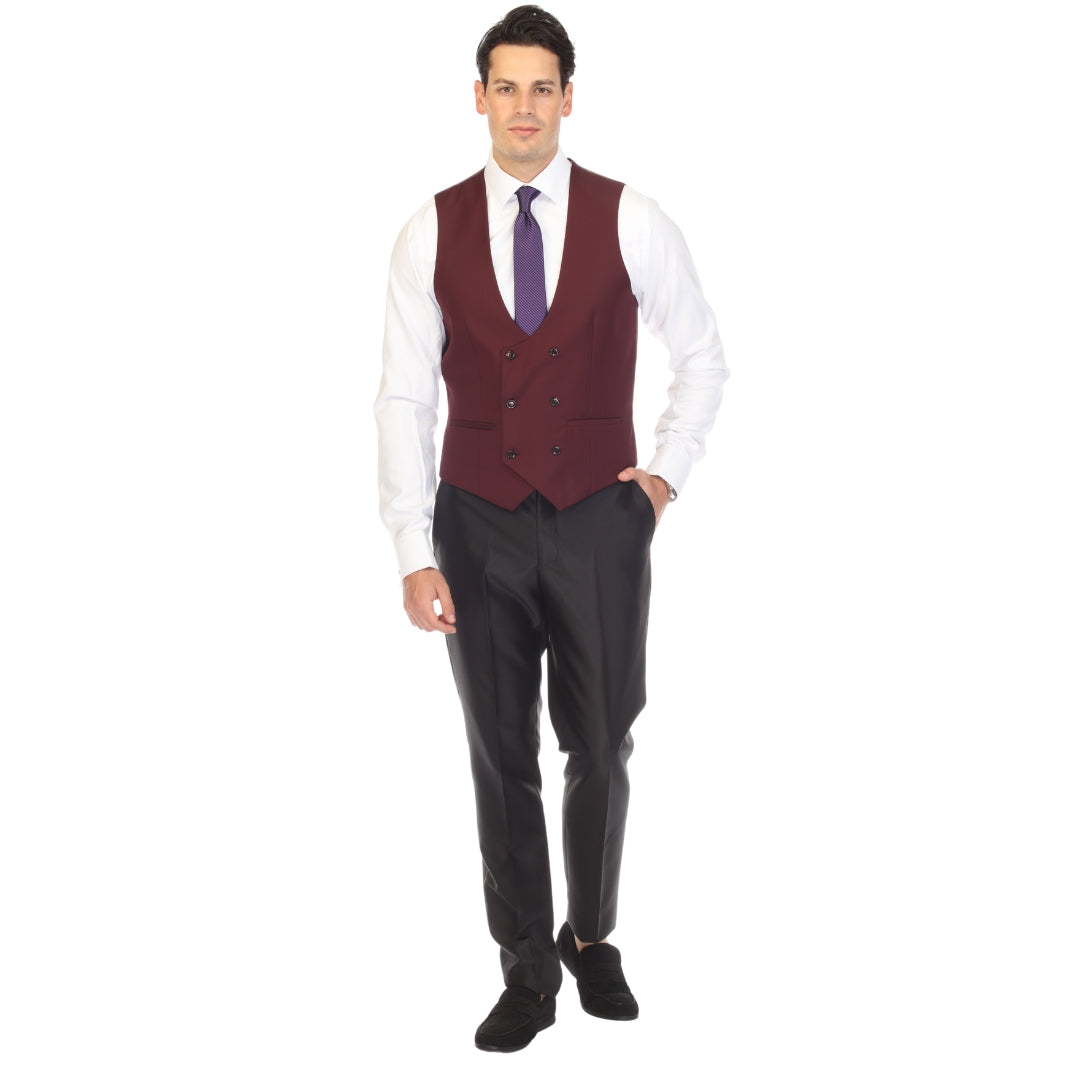 Burgundy double breasted vest set worn with dress shirt – view 3