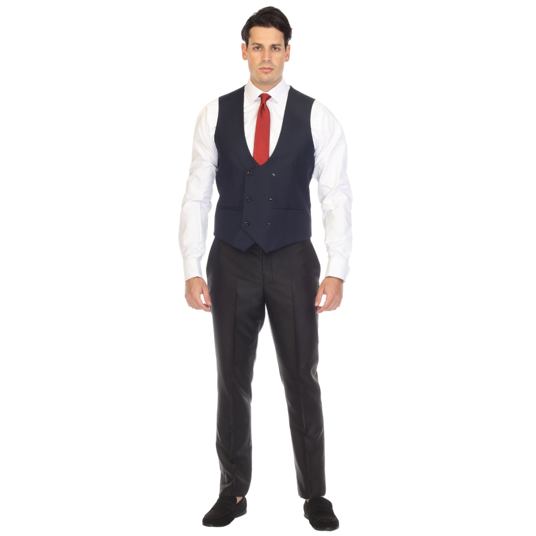 Navy double breasted vest set worn with dress shirt – view 3