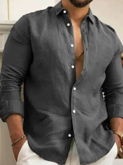 Men wearing dark gray casual long sleeve fashion shirt for young men with buttons and a slim fit.
