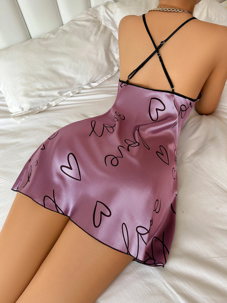 Heart Letter Print Nightdress Casual round Neck Spaghetti Strap Sleep Dress Women&