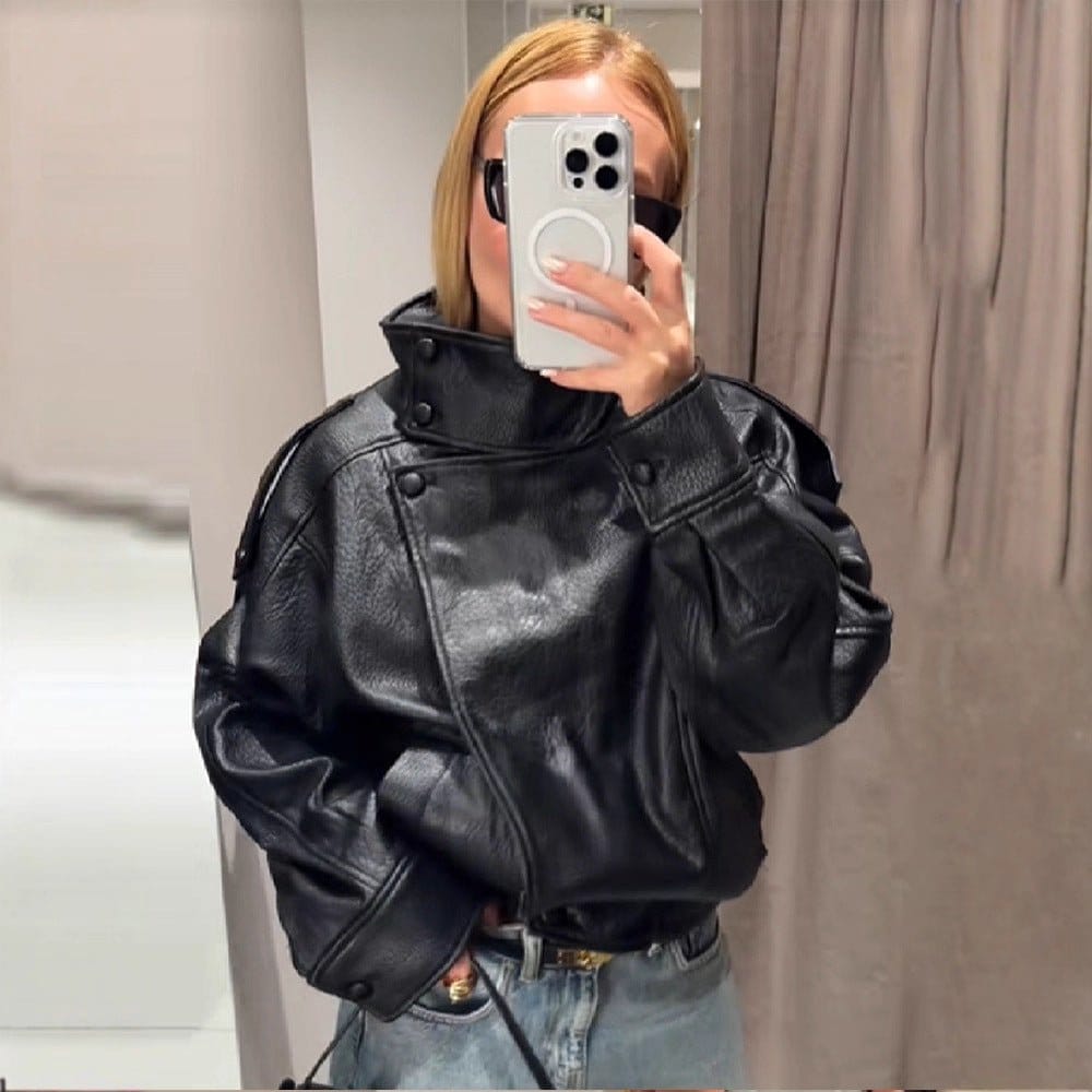 Women's Retro Biker PU Leather Jacket – Stand Collar | Silver Fox Sales