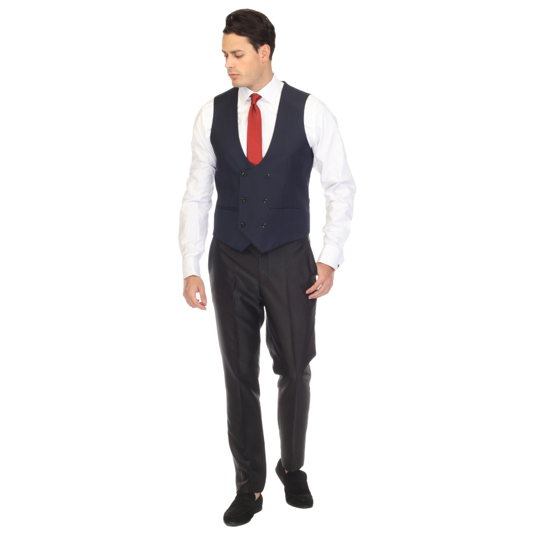 Navy double breasted vest set worn with dress shirt – view 4