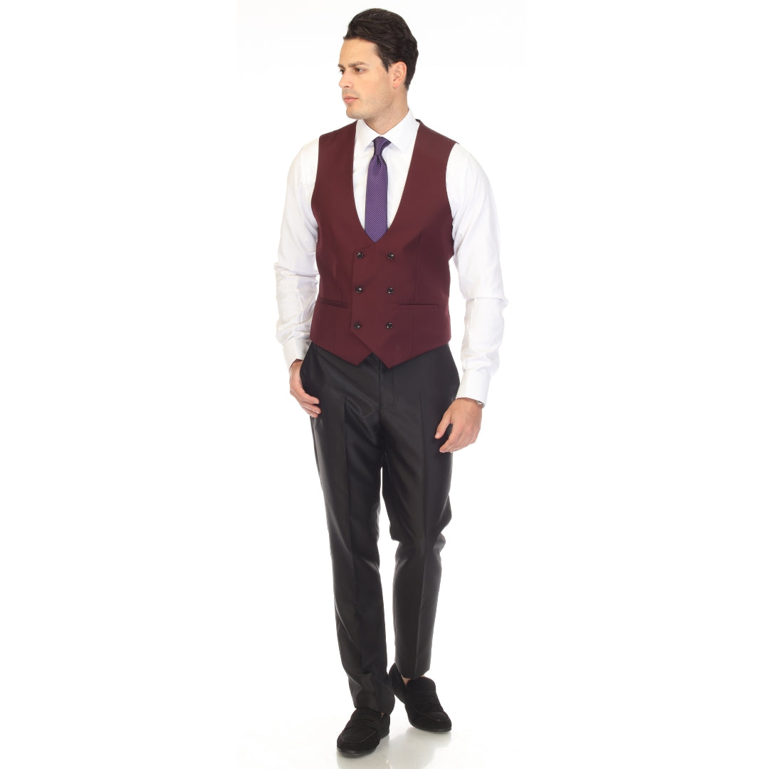 Burgundy double breasted vest set worn with dress shirt – view 4