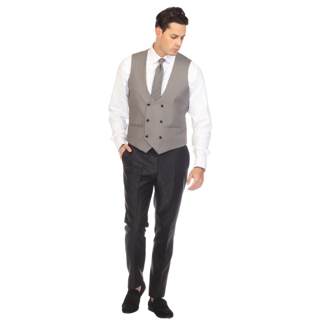 Grey double breasted vest set worn with dress shirt – view 5