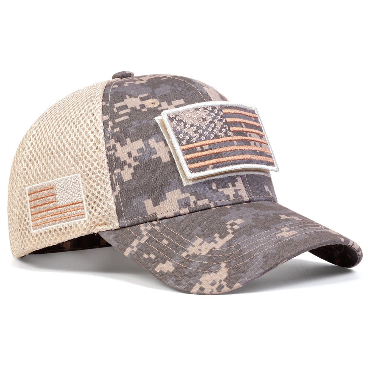 Military sun protection hat with camouflage design and American flag patches, ideal for outdoor sports and sun protection.