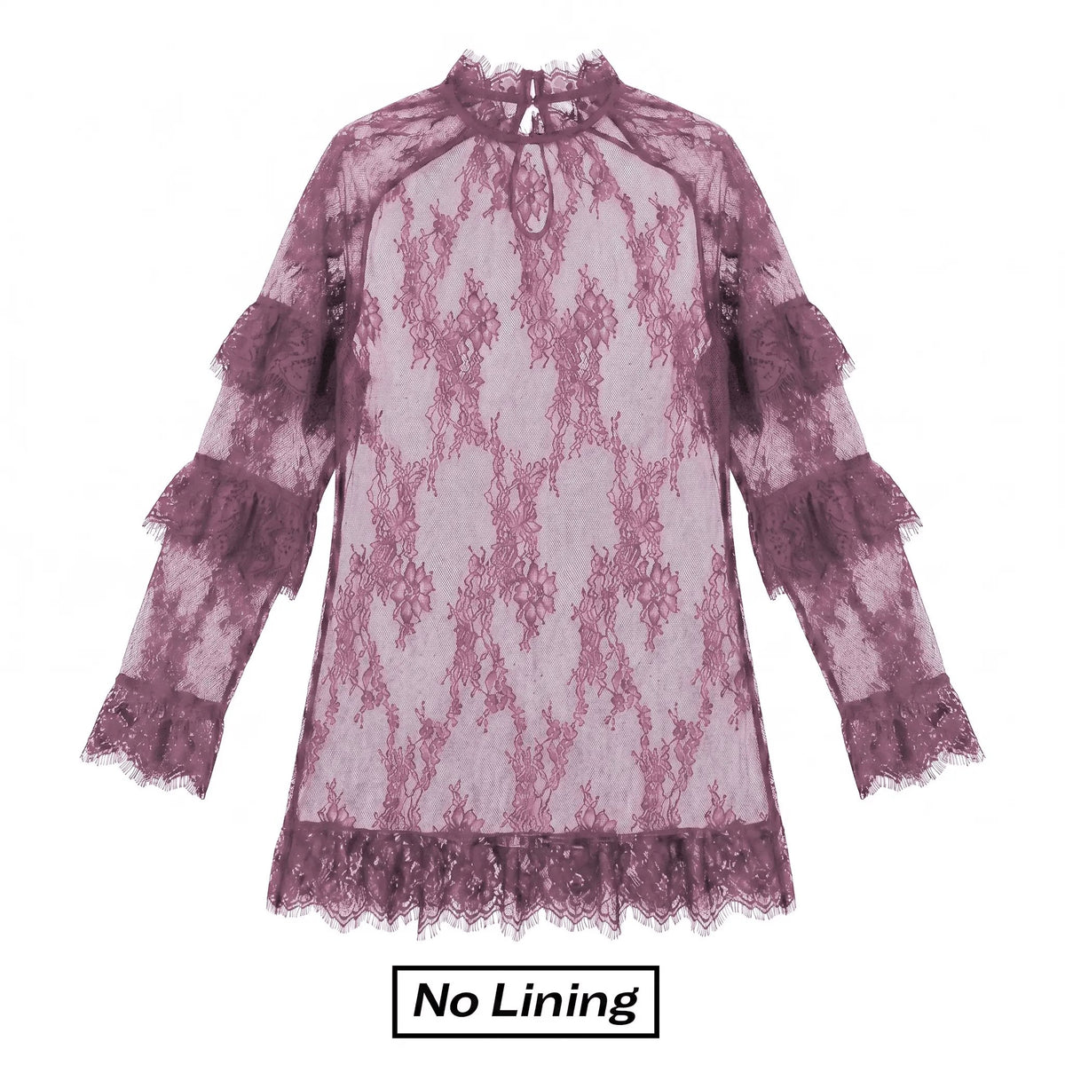 Chicovar Women's Sheer Black Lace Mini Dress - Unlined Long Sleeve Crew Neck Cocktail Dress with Ruffled Hem for Evening Wear and Special Occasions