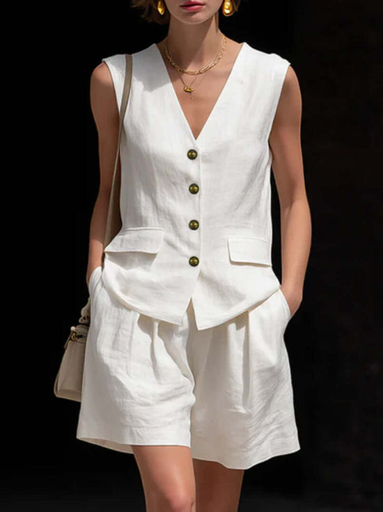 womens cotton-linen summer vest and shorts set in white, casual and stylish two-piece outfit for summer.