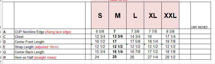 Size chart for ladies sexy lingerie including measurements for cup, chest, length, and hem.