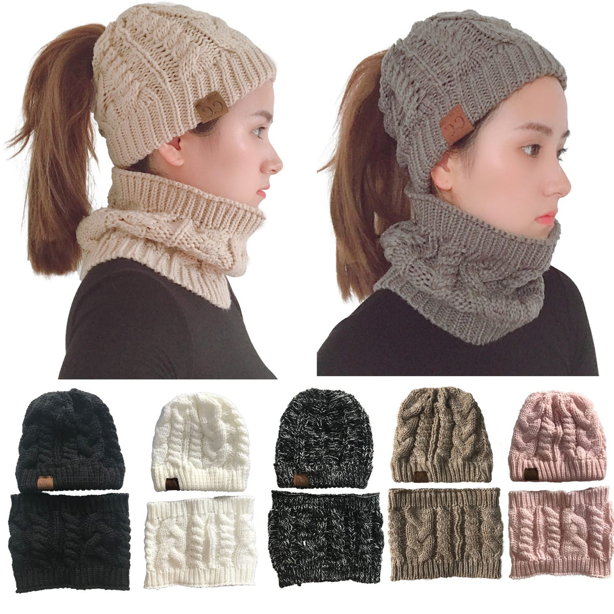 Women's Knit Ponytail Hat & Scarf Set | Silver Fox Sales
