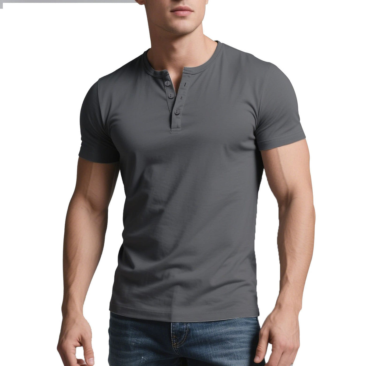 Mens casual crew-neck t-shirt in dark grey, short sleeves, slim fit, ideal for casual wear.