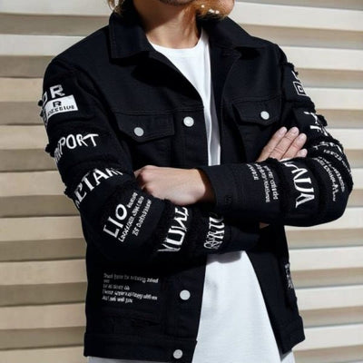 Korean loose-fitting denim jacket featuring graphic designs and a modern fit, perfect for casual styling.