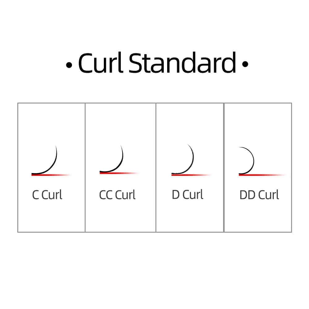Curl standard chart displaying C Curl, CC Curl, D Curl, and DD Curl for individual eyelash extension lashes.