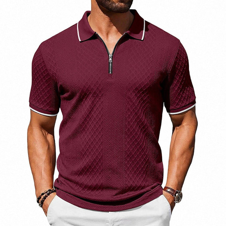 Mens Loose-Fit Textured-Weave Short-Sleeve Polo Shirt With Zipper | Silver Fox Sales