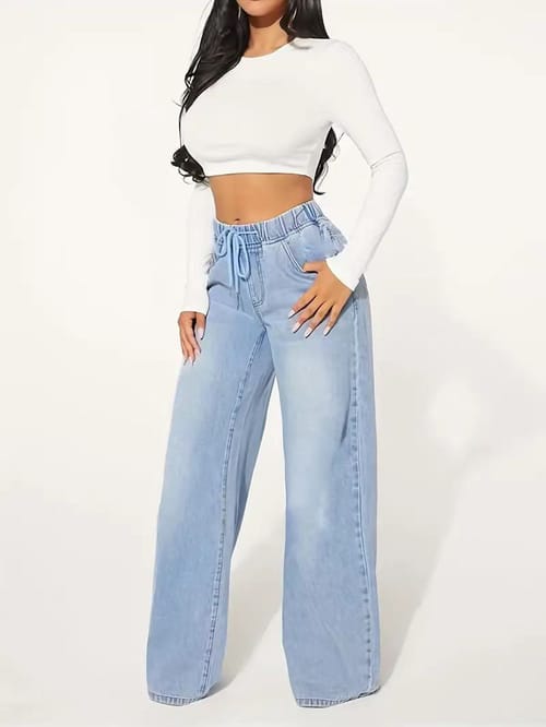 High Waist Drawstring Wide Leg Jeans – Light Blue
