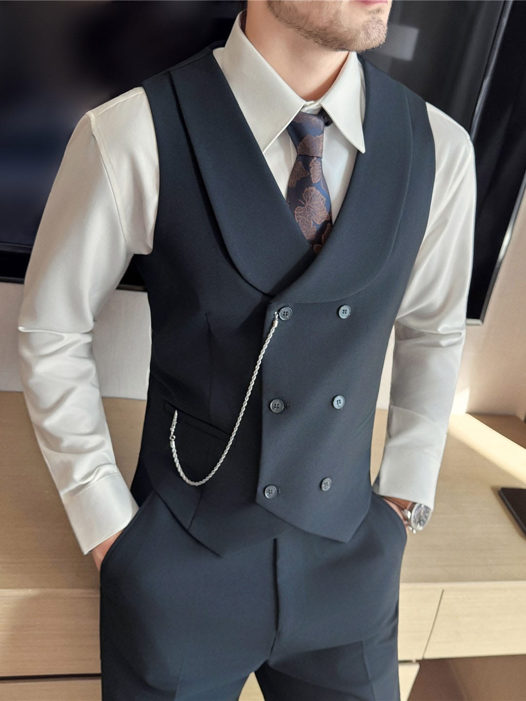 Men's Double-Breasted Shawl Collar Vest | Silver Fox Sales