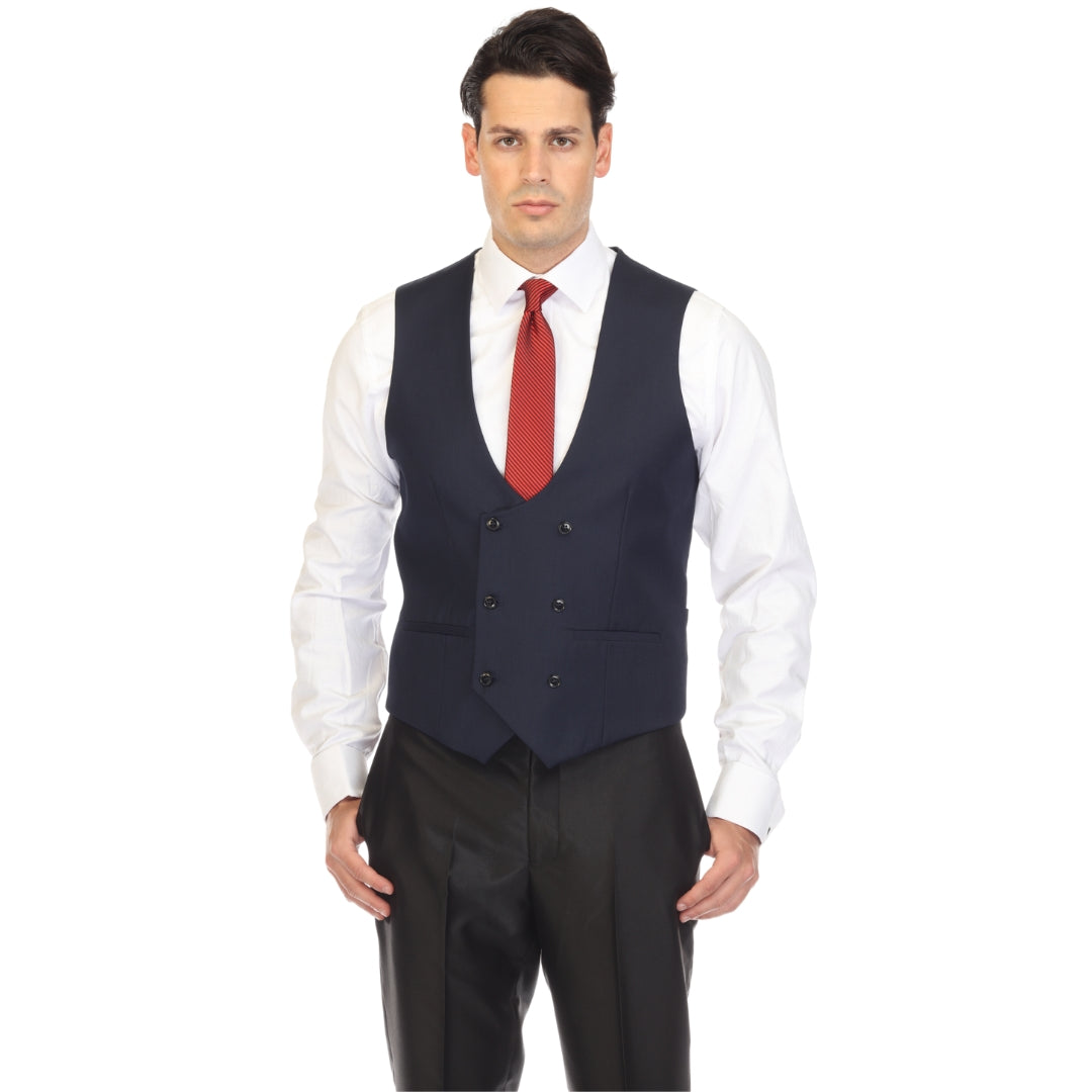 Navy double breasted vest set worn with dress shirt – view 2