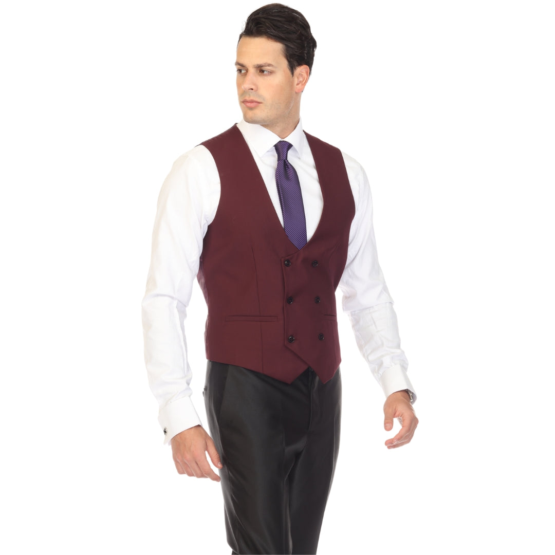 Burgundy double breasted vest set worn with dress shirt – view 5