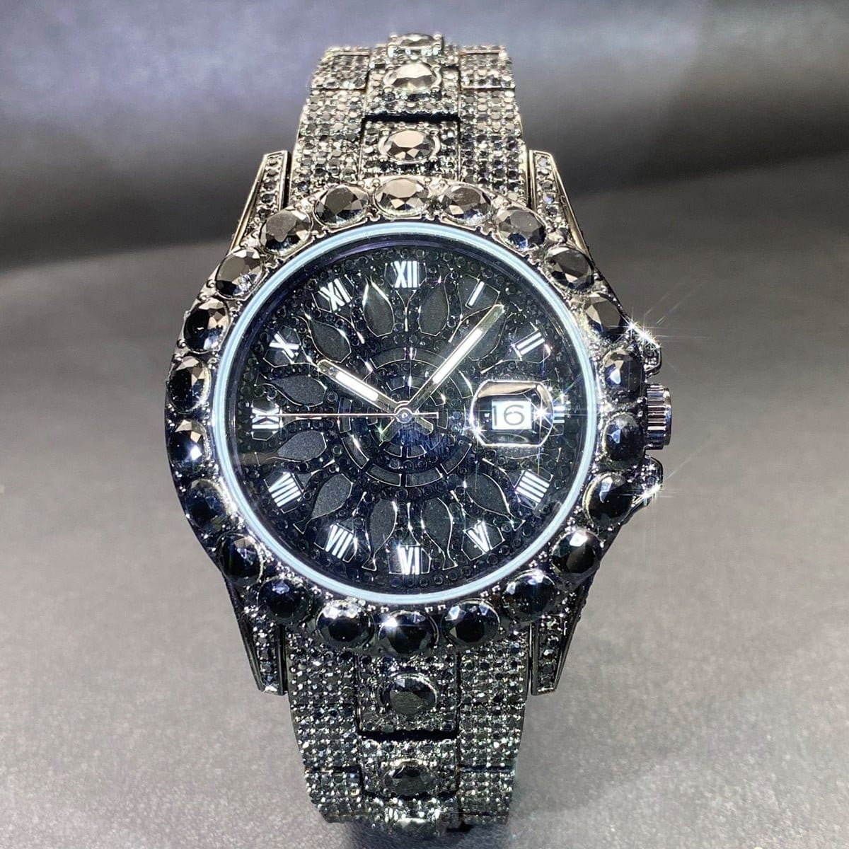 Men's high-end, fully diamond-encrusted hip-hop watch in black with glitzy detail.