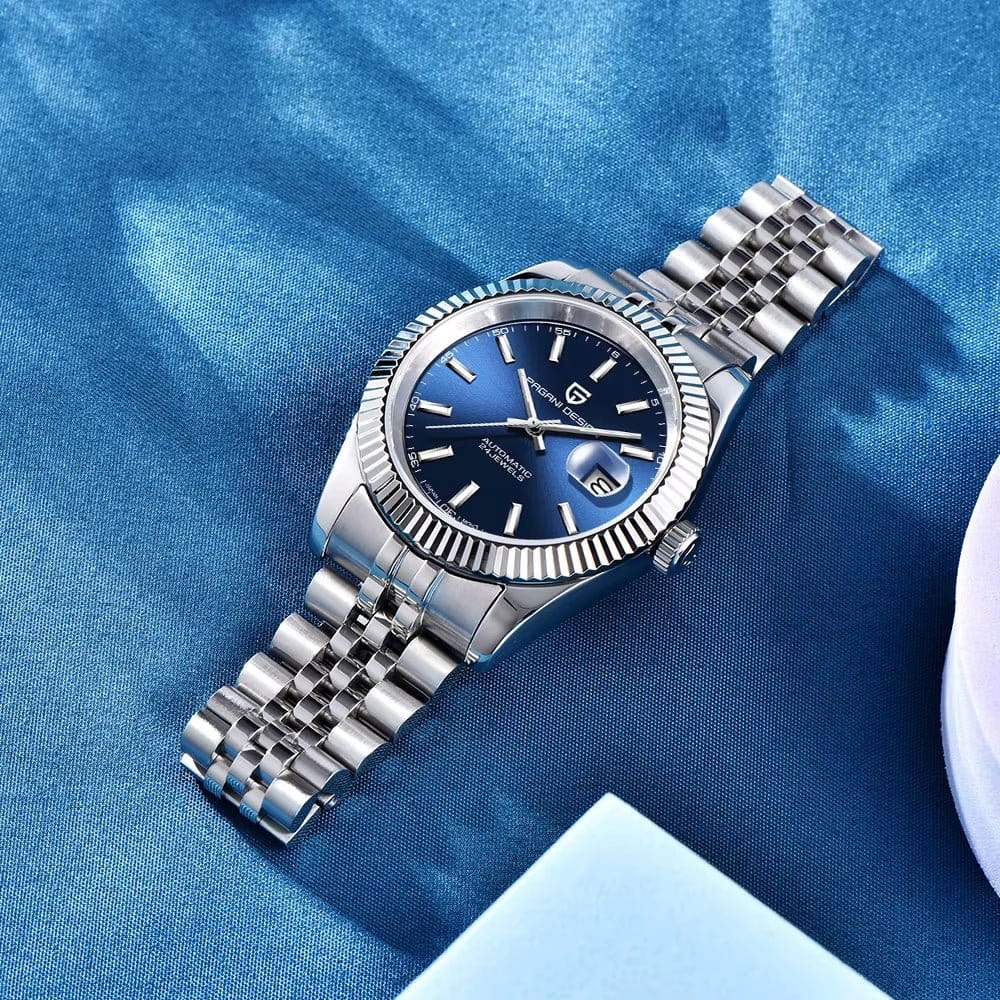Men mechanical watch luxury automatic waterproof sports watch for men with blue dial and stainless steel band.