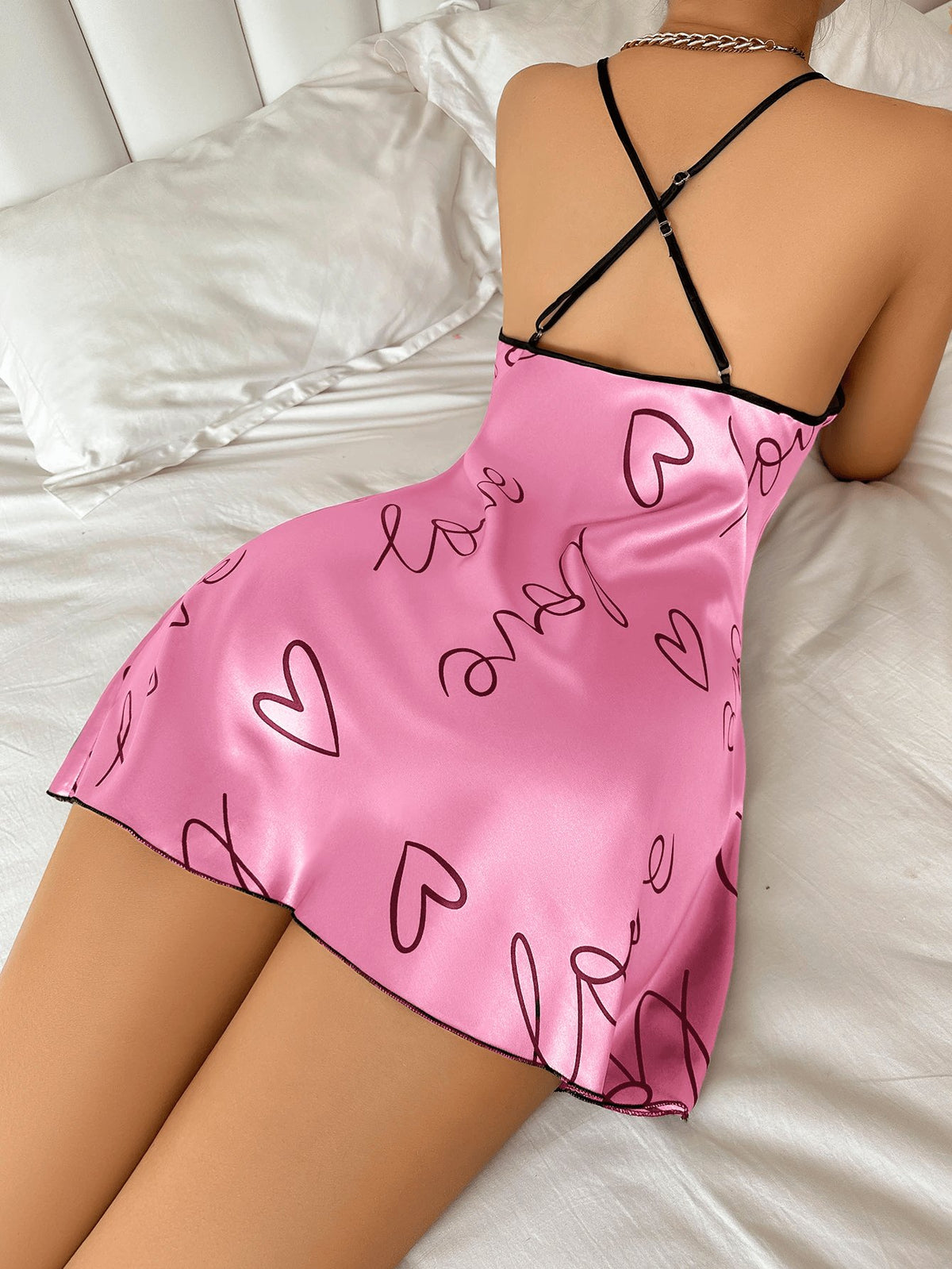 Heart Letter Print Nightdress Casual round Neck Spaghetti Strap Sleep Dress Women'S Sleepwear Dresses
