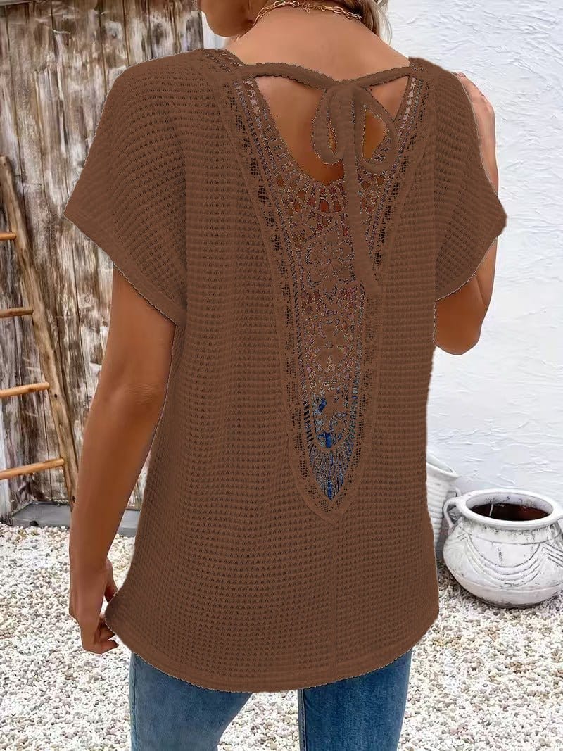 Womens Lace-Panel V-Neck Fashion T-Shirt | Silver Fox Sales