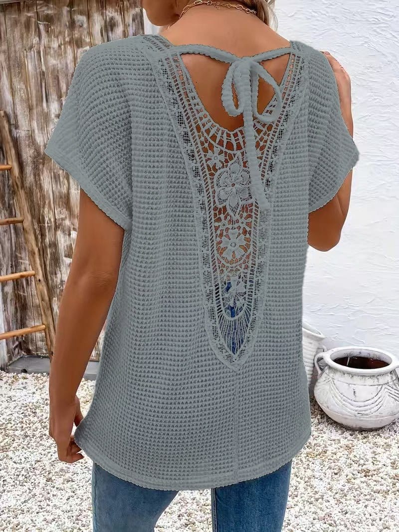 Womens Lace-Panel V-Neck Fashion T-Shirt | Silver Fox Sales