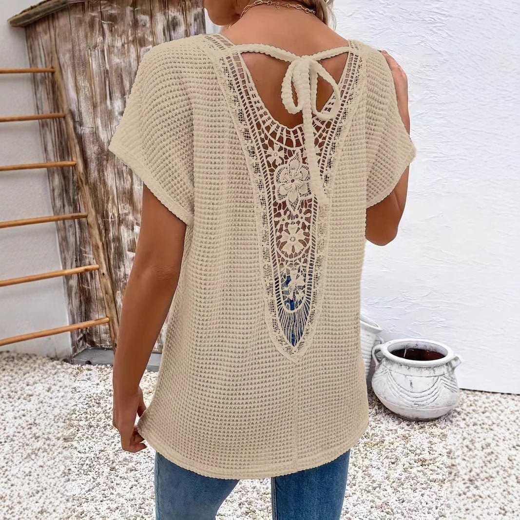 Womens Lace-Panel V-Neck Fashion T-Shirt | Silver Fox Sales