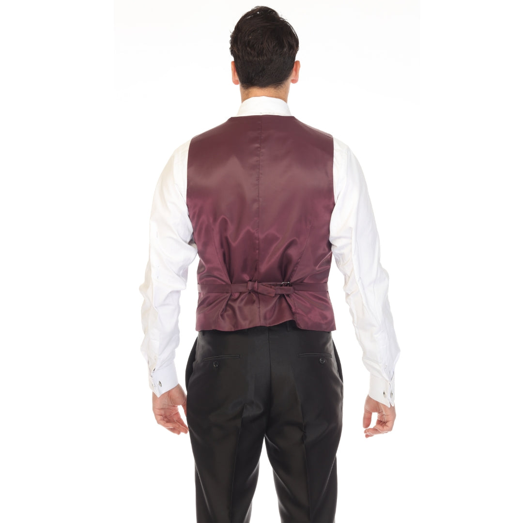 Burgundy double breasted vest set worn with dress shirt – view 6