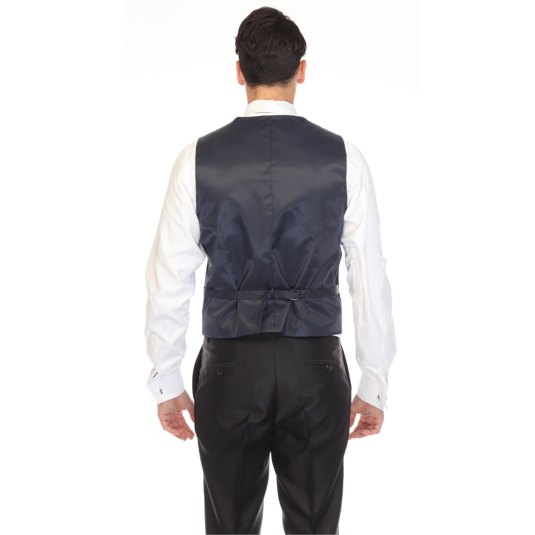 Navy double breasted vest set worn with dress shirt – view 6