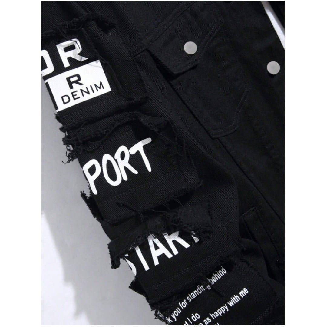 Korean loose-fitting denim jacket showcasing distressed details and unique patches.