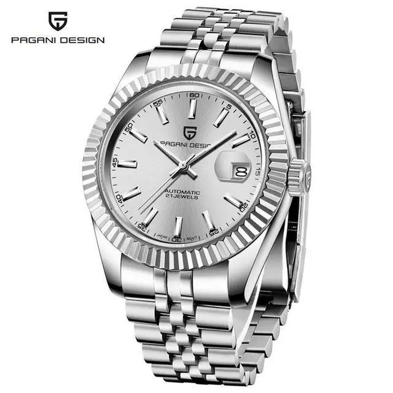 automatic waterproof sports watch for men with luminous hands and stainless steel bracelet.