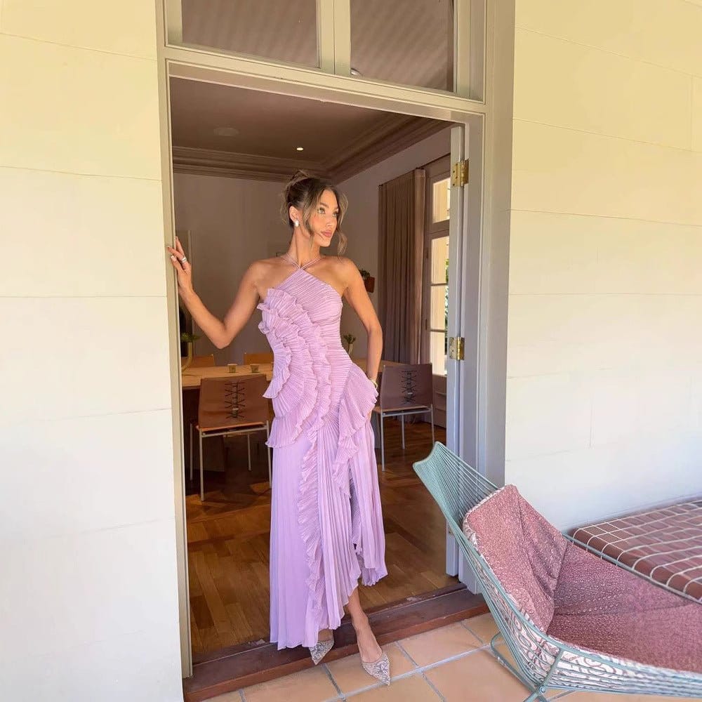 Ruffled Pleated Halterneck Dress Summer Irregular Hem Dresses Party Club Evening Gown Clothing | Silver Fox Sales