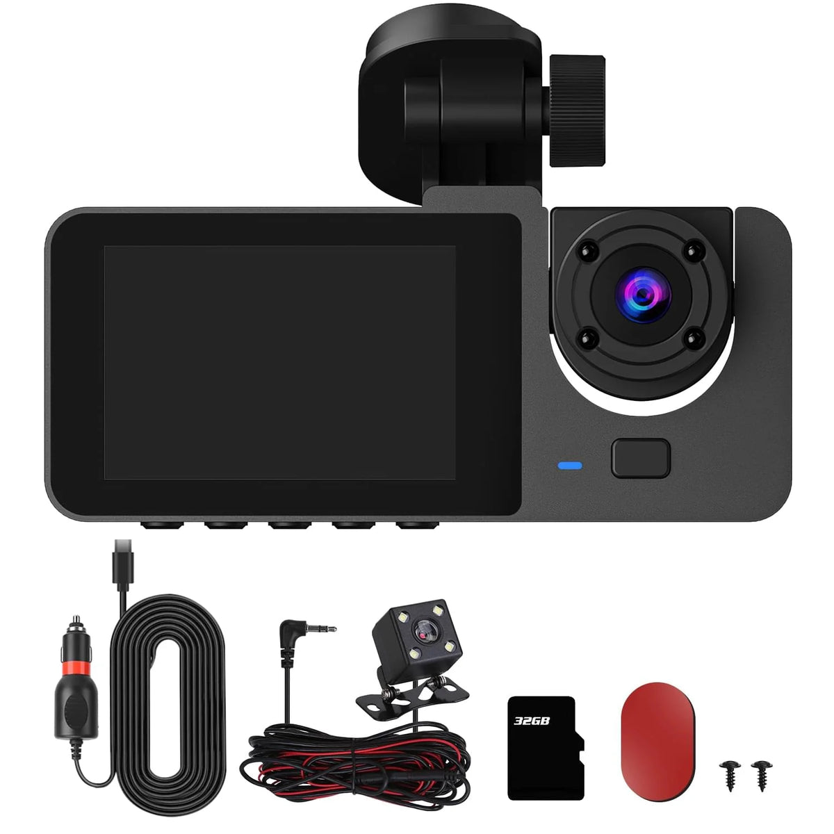 3-Channel Dash Cam with Front, Interior & Rear Cameras, 32GB Card