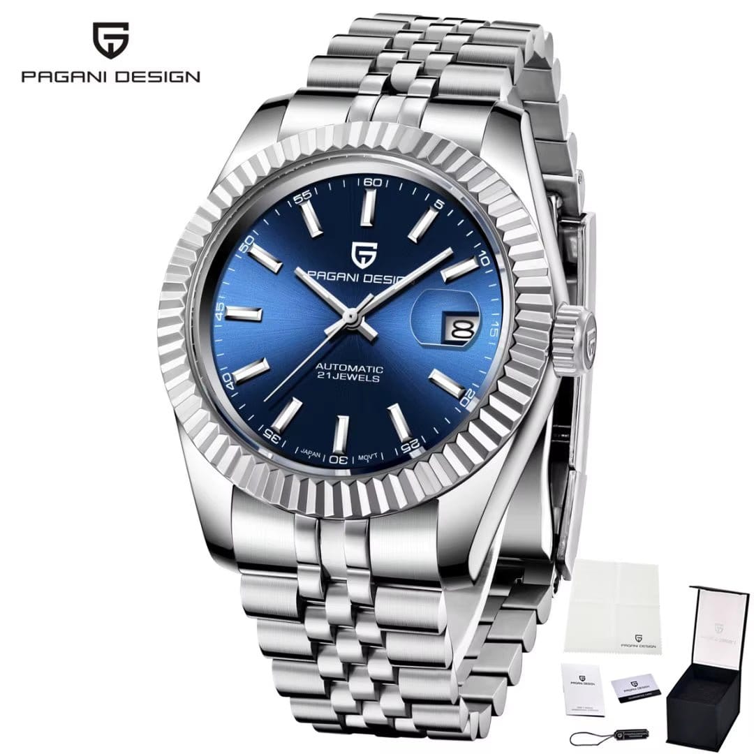 automatic waterproof sports watch for men featuring a blue dial and stainless steel bracelet.