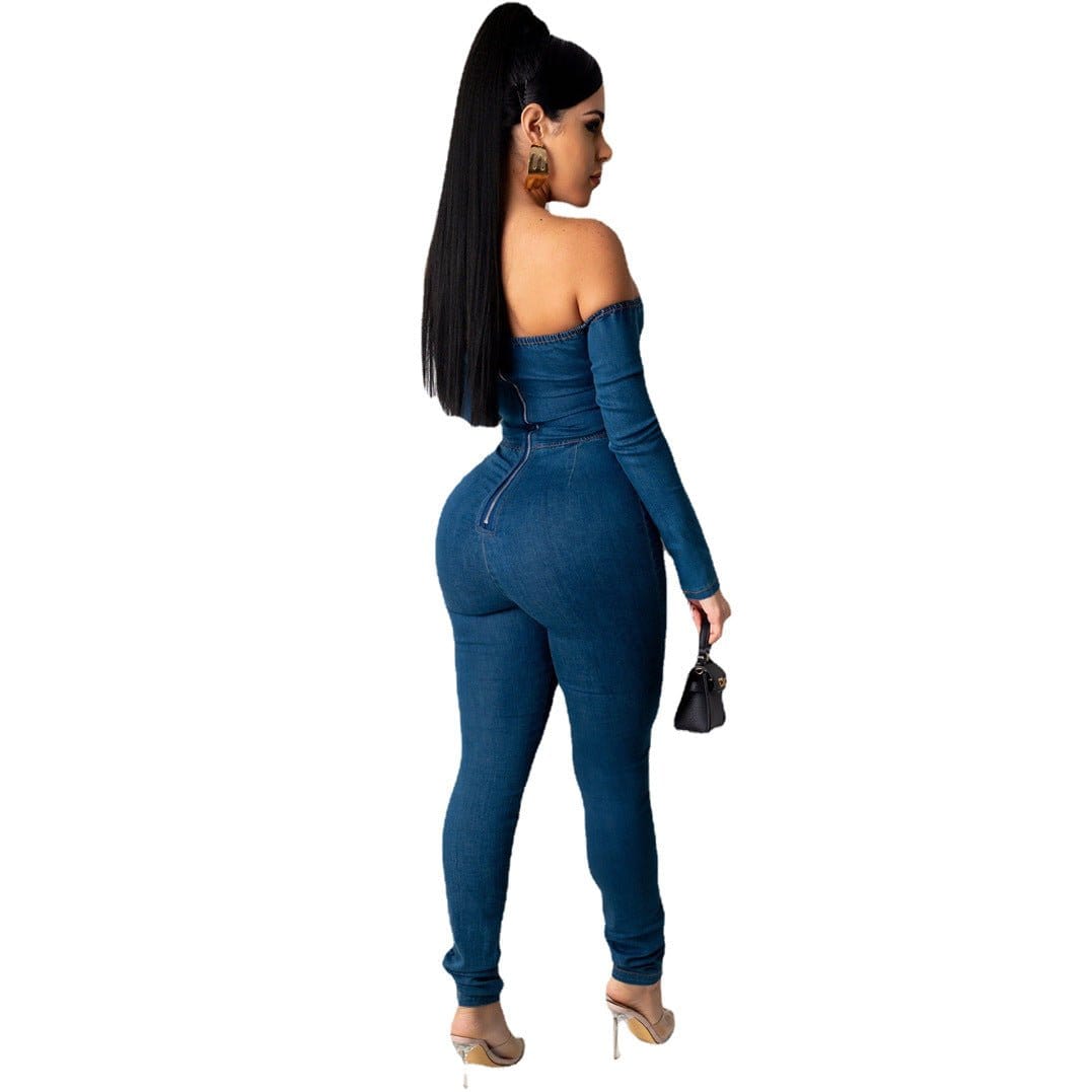 Women's Off-Shoulder Strappy Denim Jumpsuit | Silver Fox Sales