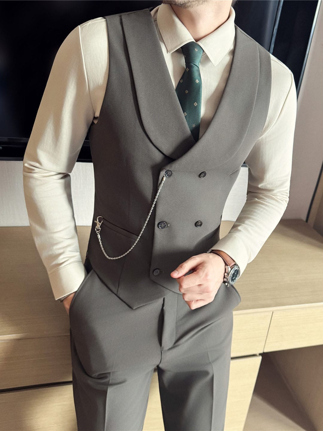 men's double-breasted shawl collar vest in stylish gray with a pocket chain, perfect for formal occasions.