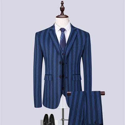 Mens fashionable and versatile striped three-piece suit for men in navy blue with wide stripes.