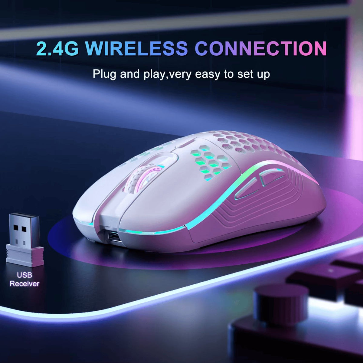 Wireless gaming mouse with 2.4G wireless connection and RGB backlight, featuring ergonomic honeycomb design.