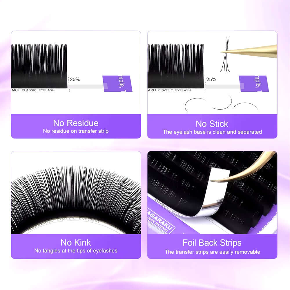 NAGARAKU individual eyelash extension lashes features: no residue, no stick, no kink, and foil back strips for easy use.