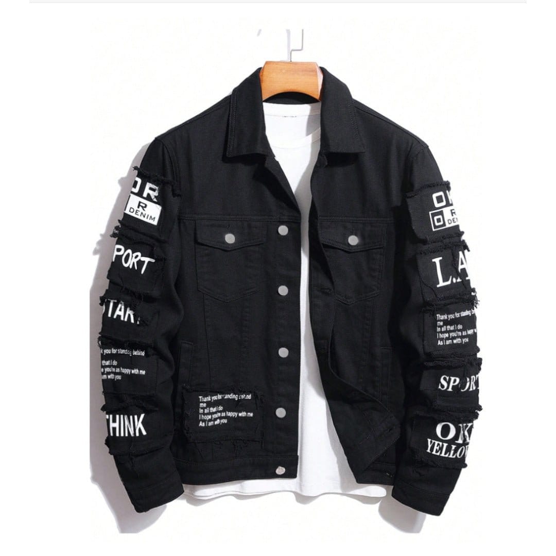 Korean loose-fitting denim jacket with graphic accents and a stylish design.