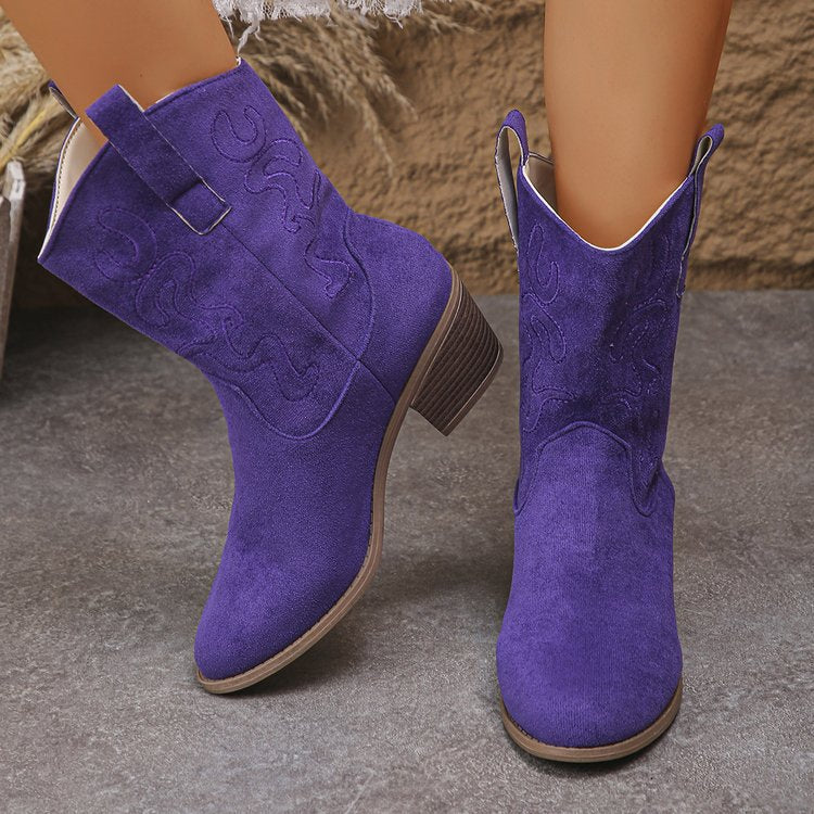 Women's embroidered western cowboy boots with pointed toe and block heel in purple