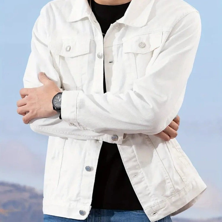 A model wearing a well-fitting formal denim jacket in white, showcasing its stylish design.